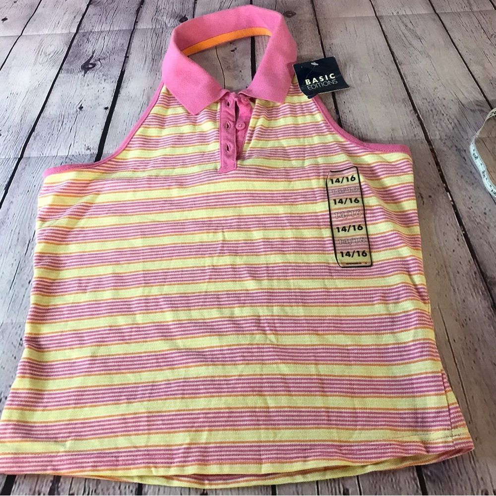 NWT Basic Edition Pink Yellow Striped Polo Halter Top Size 14/16
